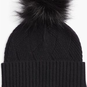 Nordstrom Faux Fur Cashmere Pompom Beanie, Black, 100% Cashmere NWT